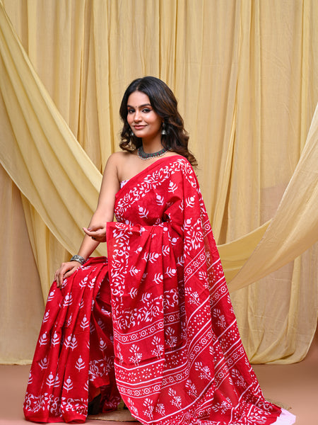 Women's Red Bold Patta Border Pure Cotton Mulmul Saree - Front View