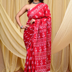 Women's Red Bold Patta Border Pure Cotton Mulmul Saree - Side / Back View