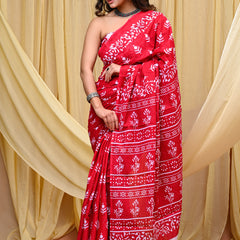 Women's Red Bold Patta Border Pure Cotton Mulmul Saree - Drape View