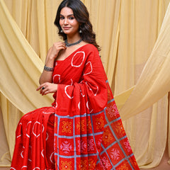 Women's Red Gola Circular Motif Pure Cotton Mulmul Saree - Front View
