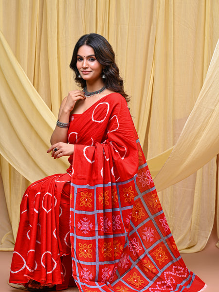 Women's Red Gola Circular Motif Pure Cotton Mulmul Saree - Front View