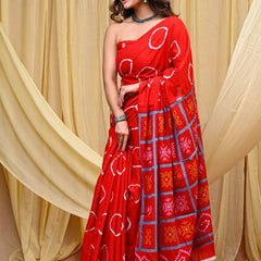 Women's Red Gola Circular Motif Pure Cotton Mulmul Saree - Drape View