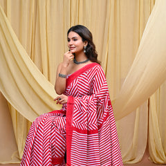 Women's Red Leheriya Wave Pure Cotton Mulmul Saree - Front View