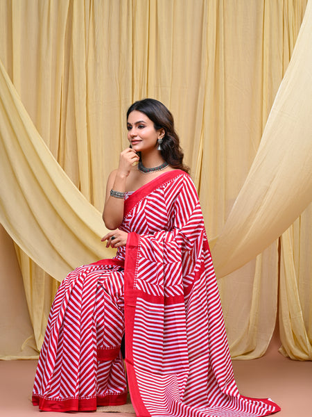 Women's Red Leheriya Wave Pure Cotton Mulmul Saree - Front View