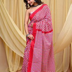 Women's Red Leheriya Wave Pure Cotton Mulmul Saree - Drape View