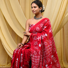 Women's Red Floral Motif Pure Cotton Mulmul Saree - Front View