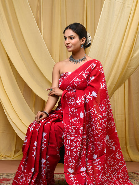Women's Red Floral Motif Pure Cotton Mulmul Saree - Front View
