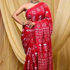 Women's Red Floral Motif Pure Cotton Mulmul Saree - Side / Back View
