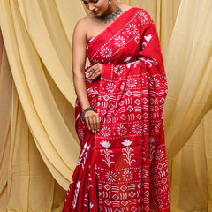 Women's Red Floral Motif Pure Cotton Mulmul Saree - Drape View