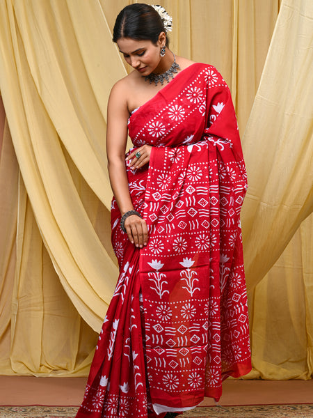Women's Red Floral Motif Pure Cotton Mulmul Saree - Drape View