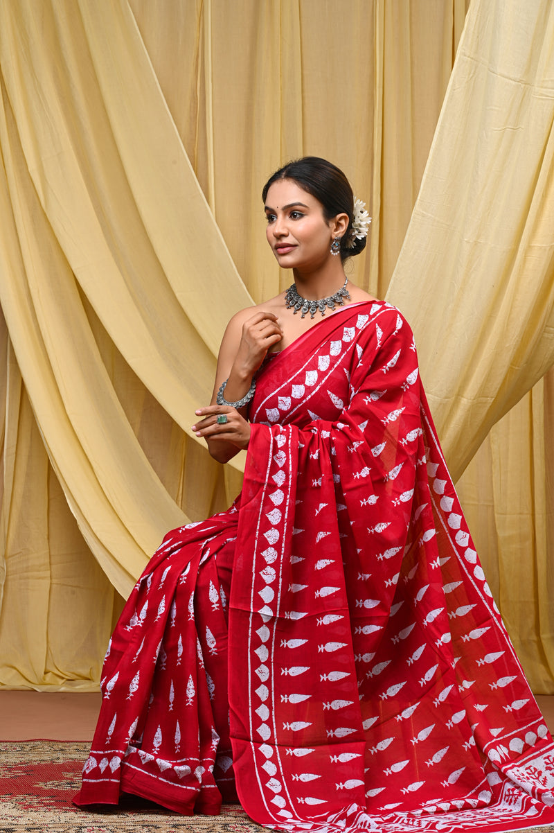 Women's Red Tilak Motif Pure Cotton Mulmul Saree - Front View