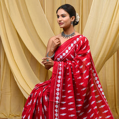 Women's Red Tilak Motif Pure Cotton Mulmul Saree - Front View