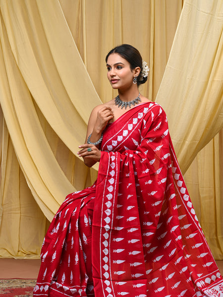 Women's Red Tilak Motif Pure Cotton Mulmul Saree - Front View