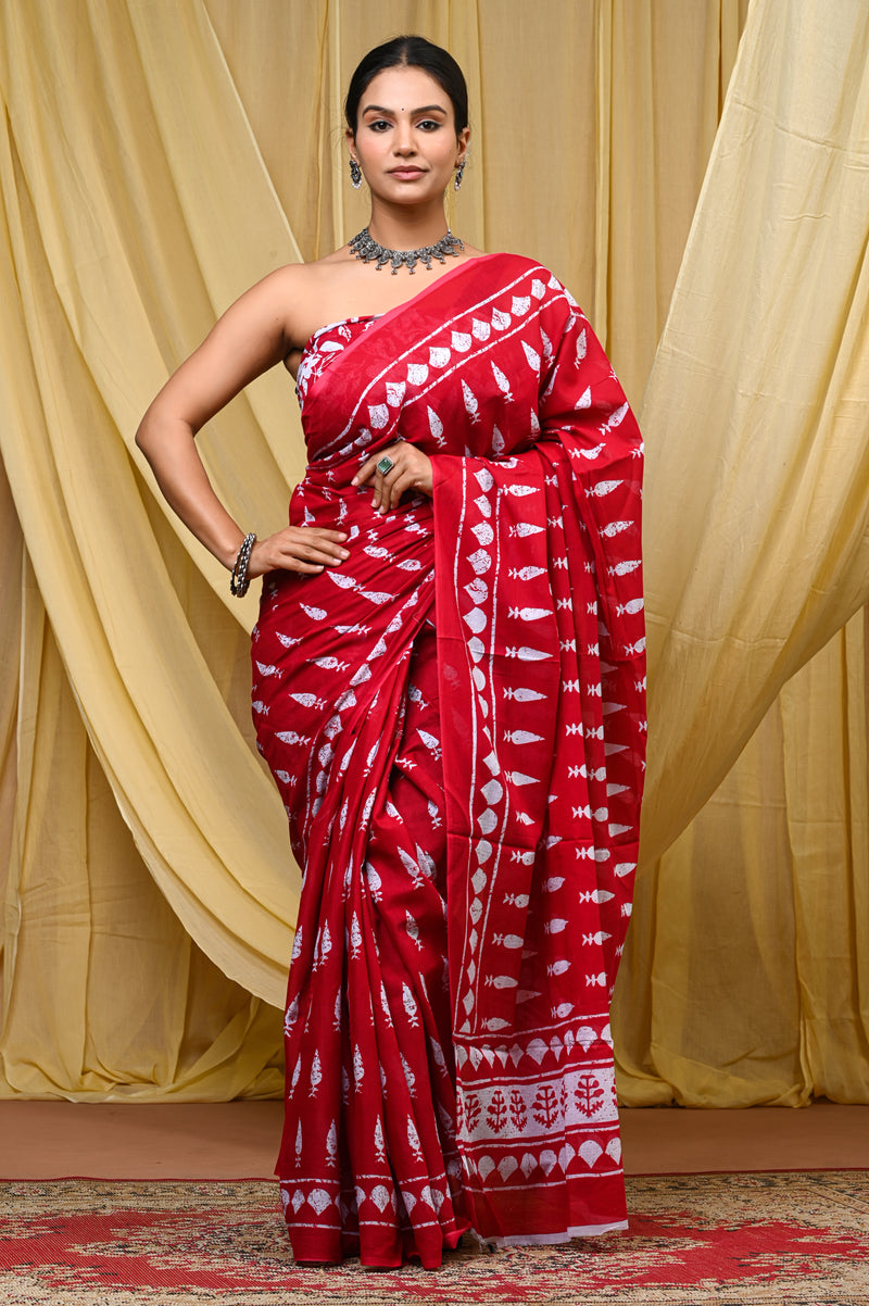 Women's Red Tilak Motif Pure Cotton Mulmul Saree - Side / Back View