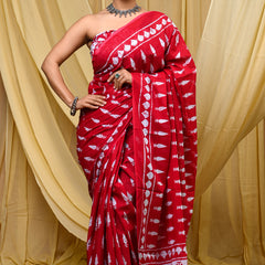 Women's Red Tilak Motif Pure Cotton Mulmul Saree - Side / Back View