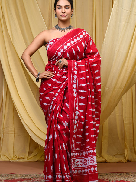 Women's Red Tilak Motif Pure Cotton Mulmul Saree - Side / Back View