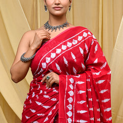 Women's Red Tilak Motif Pure Cotton Mulmul Saree - Detail View