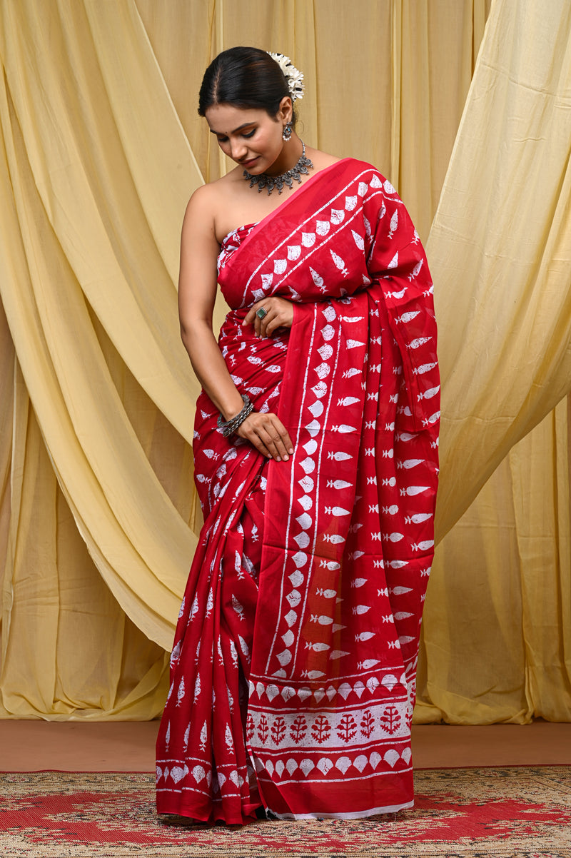 Women's Red Tilak Motif Pure Cotton Mulmul Saree - Drape View