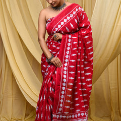 Women's Red Tilak Motif Pure Cotton Mulmul Saree - Drape View