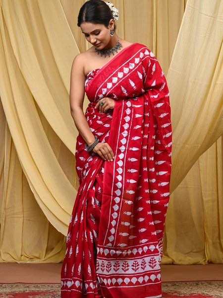 Women's Red Tilak Motif Pure Cotton Mulmul Saree - Drape View