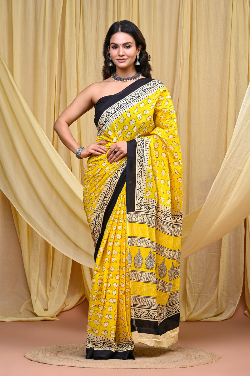 Women's Yellow&Cream Elephant Motif Pure Cotton Mulmul Saree - Side / Back View