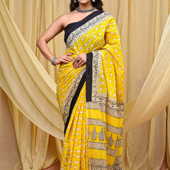 Women's Yellow&Cream Elephant Motif Pure Cotton Mulmul Saree - Side / Back View