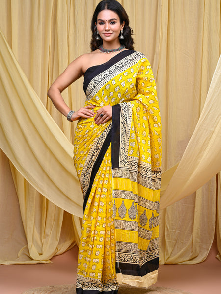 Women's Yellow&Cream Elephant Motif Pure Cotton Mulmul Saree - Side / Back View