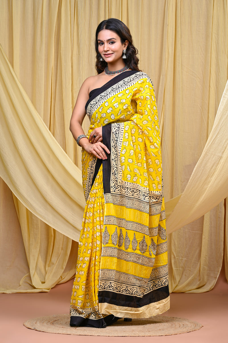 Women's Yellow&Cream Elephant Motif Pure Cotton Mulmul Saree - Drape View