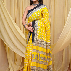 Women's Yellow&Cream Elephant Motif Pure Cotton Mulmul Saree - Drape View