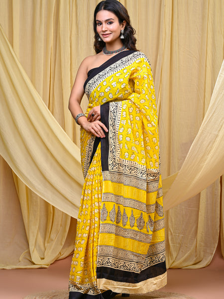 Women's Yellow&Cream Elephant Motif Pure Cotton Mulmul Saree - Drape View