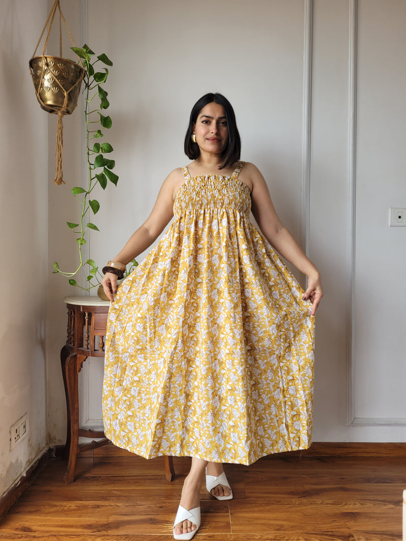 Women Mustard Yellow Floral Printed Smocked Cotton Midi Dress - Side / Back View