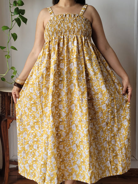 Women Mustard Yellow Floral Printed Smocked Cotton Midi Dress - Full Length View