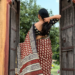 Cotton MulMul Maroon Owl Print Saree with Zari Border