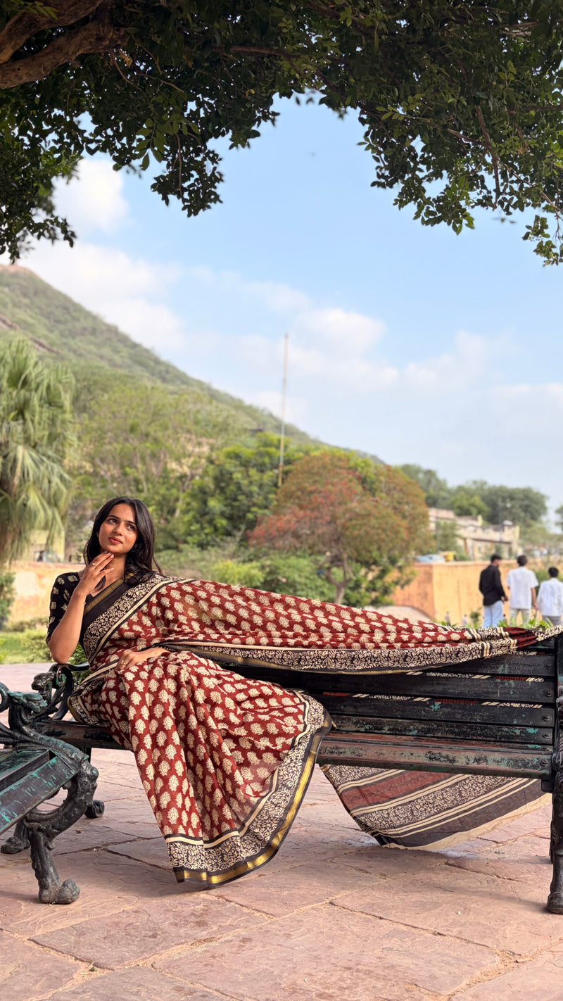 Cotton MulMul Maroon Owl Print Saree with Zari Border