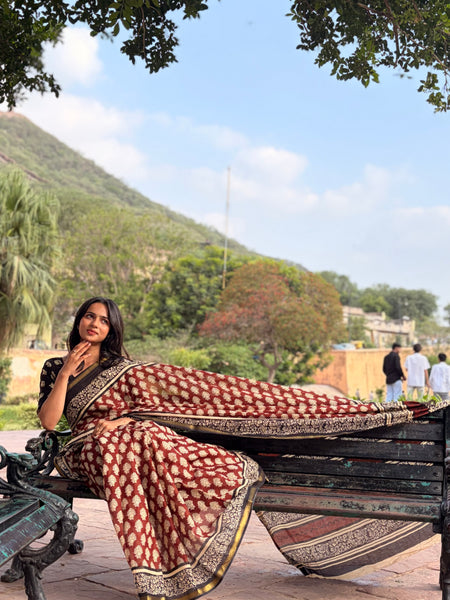 Cotton MulMul Maroon Owl Print Saree with Zari Border
