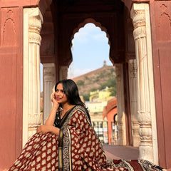 Cotton MulMul Maroon Owl Print Saree with Zari Border