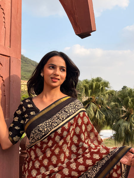 Cotton MulMul Maroon Owl Print Saree with Zari Border