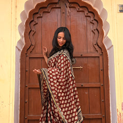 Cotton MulMul Maroon Owl Print Saree with Zari Border