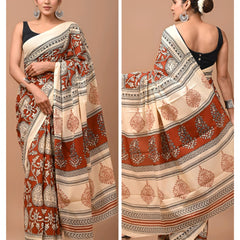 Cream Floral Bagru Printed Cotton Saree with Traditional Border