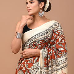 Cream Floral Bagru Printed Cotton Saree with Traditional Border
