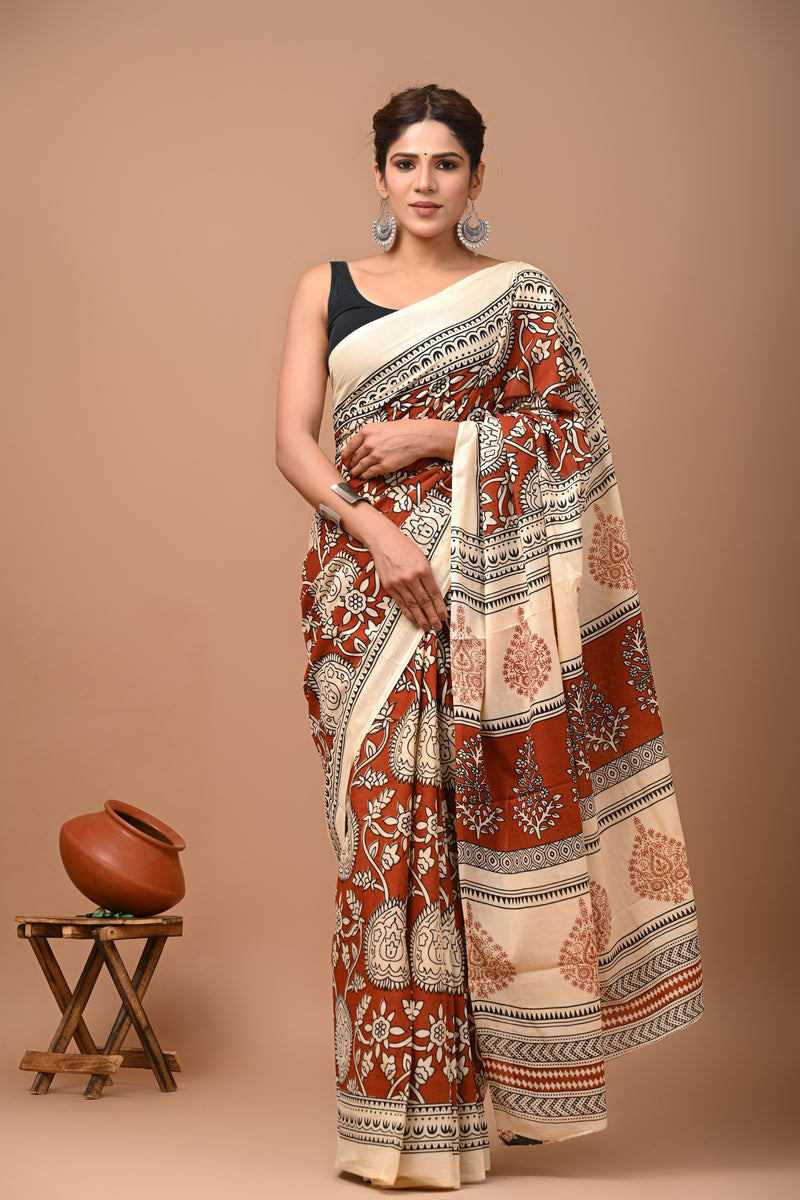 Cream Floral Bagru Printed Cotton Saree with Traditional Border