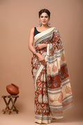Cream Floral Bagru Printed Cotton Saree with Traditional Border