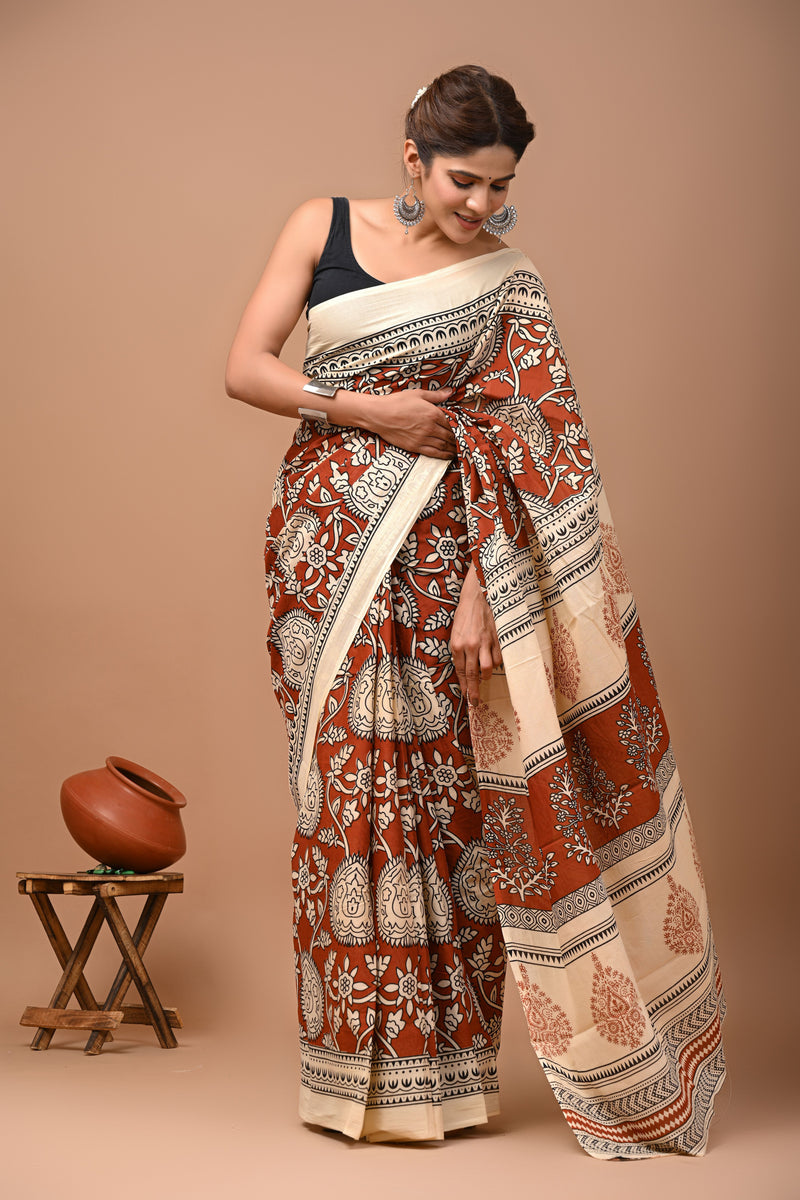 Cream Floral Bagru Printed Cotton Saree with Traditional Border