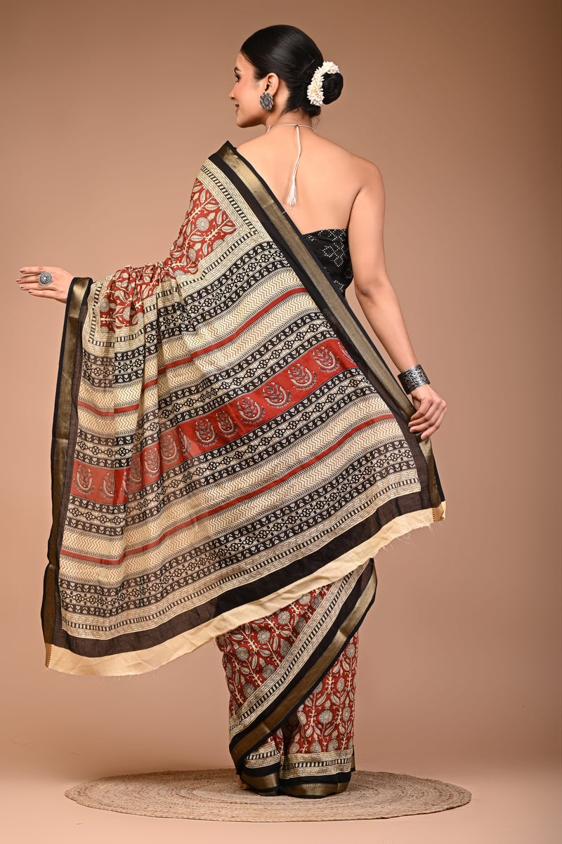 Maroon Cotton MulMul Maheshwari Border Saree