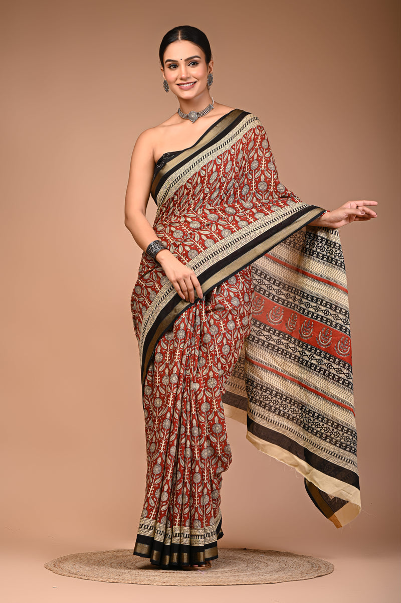 Maroon Cotton MulMul Maheshwari Border Saree
