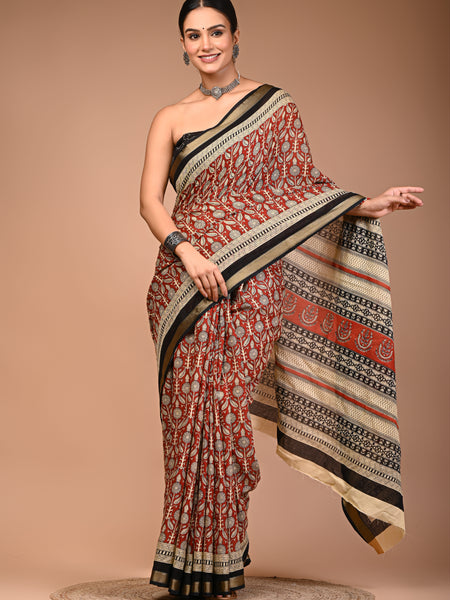 Maroon Cotton MulMul Maheshwari Border Saree