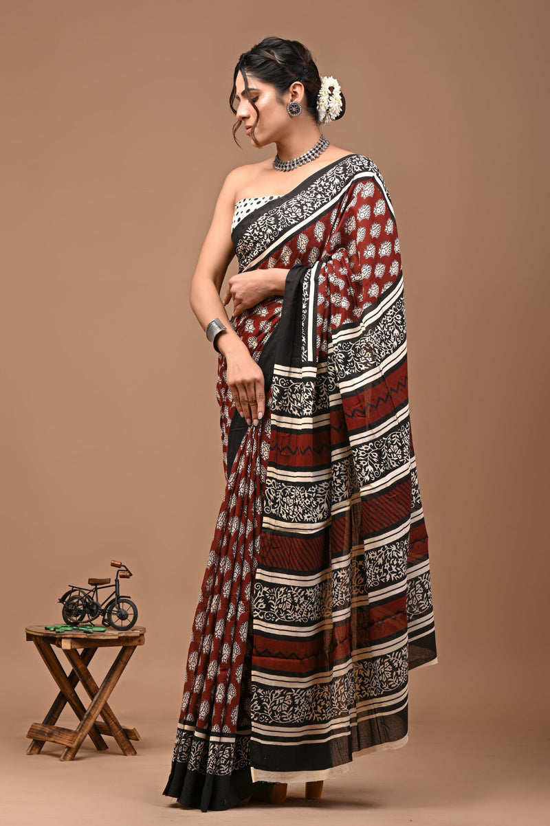 Cream Floral Bagru Printed Cotton Saree with Traditional Border