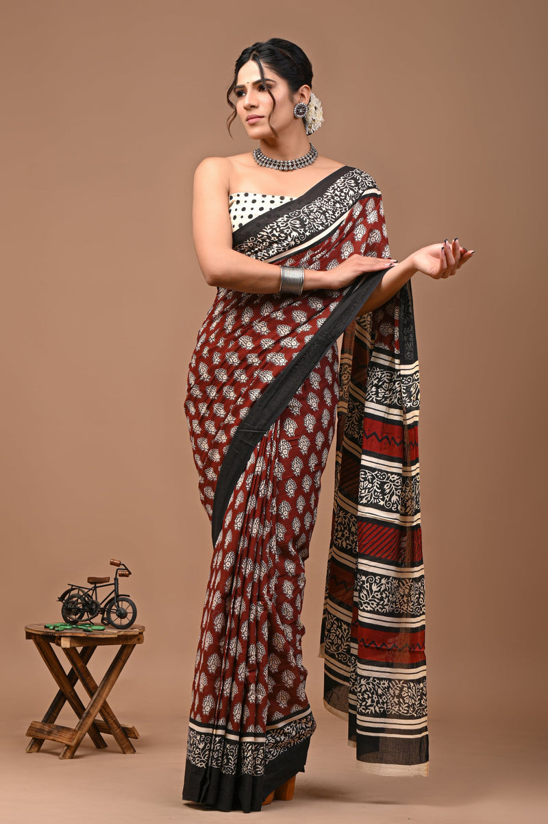 Cream Floral Bagru Printed Cotton Saree with Traditional Border