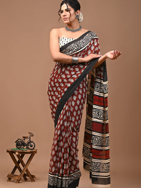 Maroon Bagru Printed Cotton Saree with Floral Motifs & Traditional Border