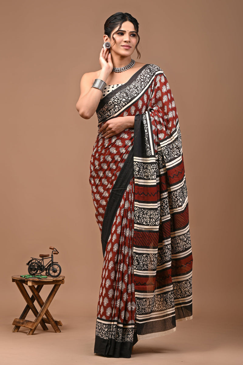 Cream Floral Bagru Printed Cotton Saree with Traditional Border